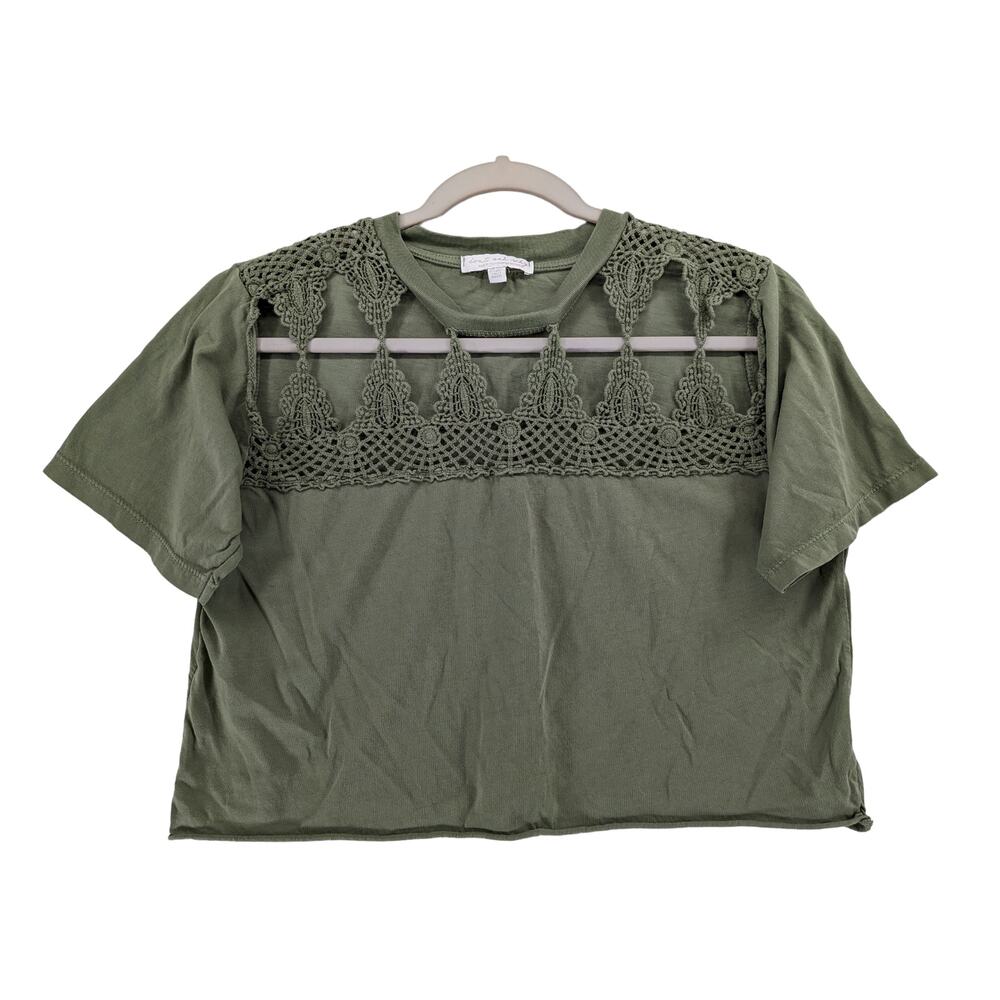 Dont Ask Why‎ Crochet Crop Top One Size Olive Green Short Sleeves Crew Cropped